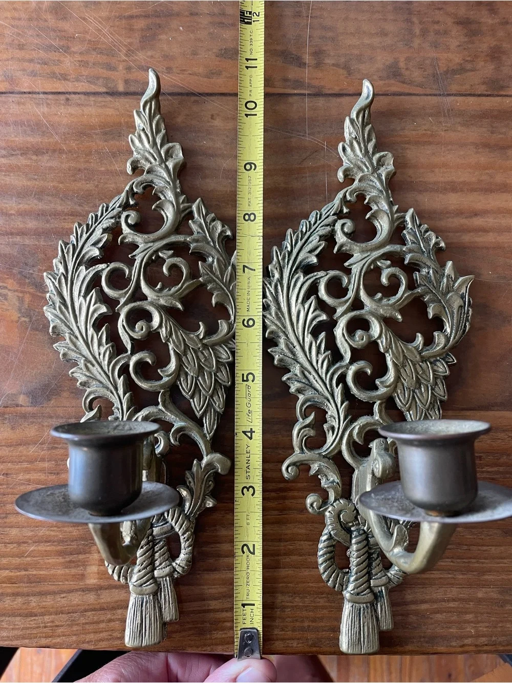 Vintage Ornate Brass Wall Sconces Pair - Leaf Scroll Design Candle Holder Rare
